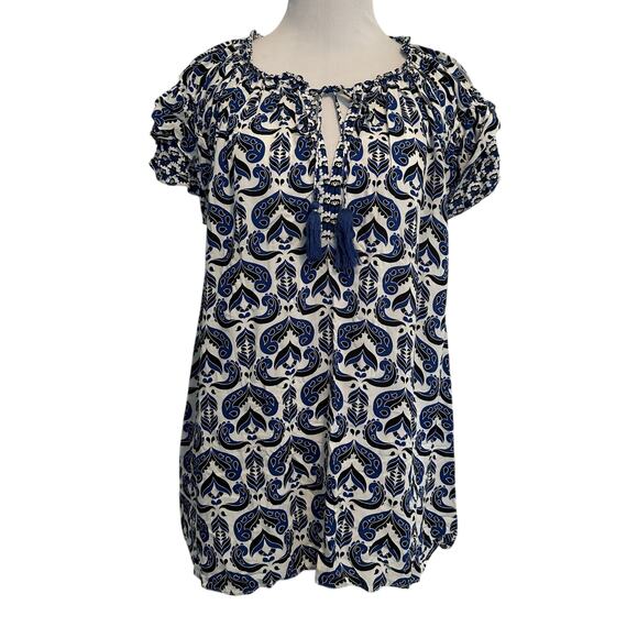 Rose+Olive Peasant Top Womens 1X Blue Black Tassels Boho Tiered Sleeves Blouse - Picture 1 of 8
